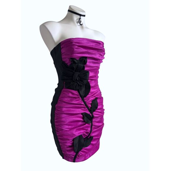 Vintage Jessica McClintock Strapless Satin Cocktail Prom Dress 80s 90s Fuchsia - Picture 3 of 12